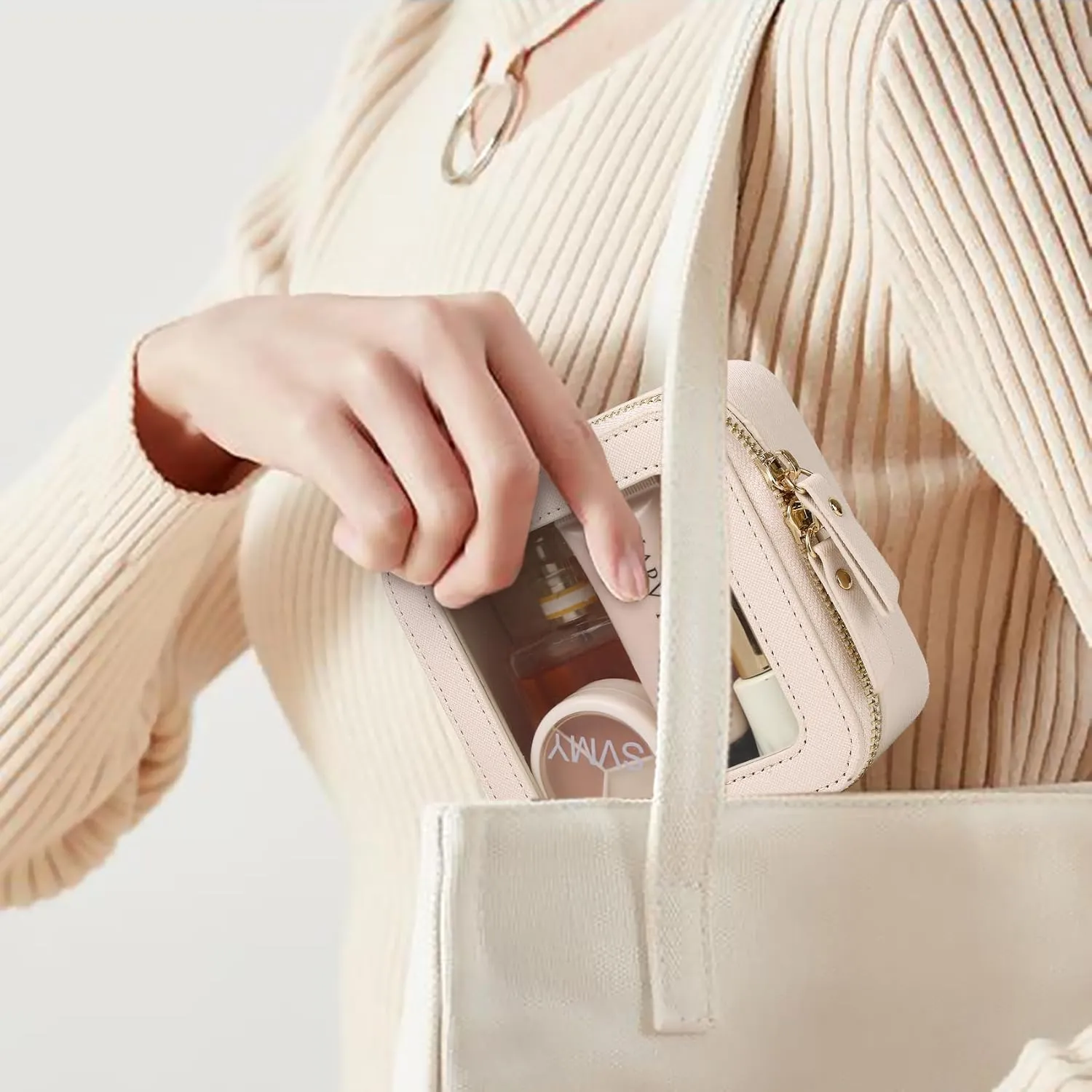 Small Clear Makeup Bag for Women Mini Cosmetic Bag Travel Toiletry Bag Purse Organizer with Zipper Car Essentials (Beige, Mini)