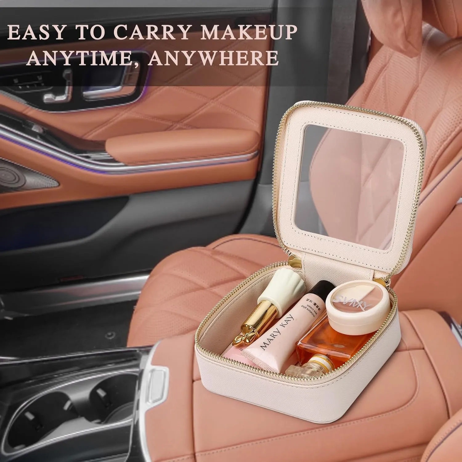 Small Clear Makeup Bag for Women Mini Cosmetic Bag Travel Toiletry Bag Purse Organizer with Zipper Car Essentials (Beige, Mini)