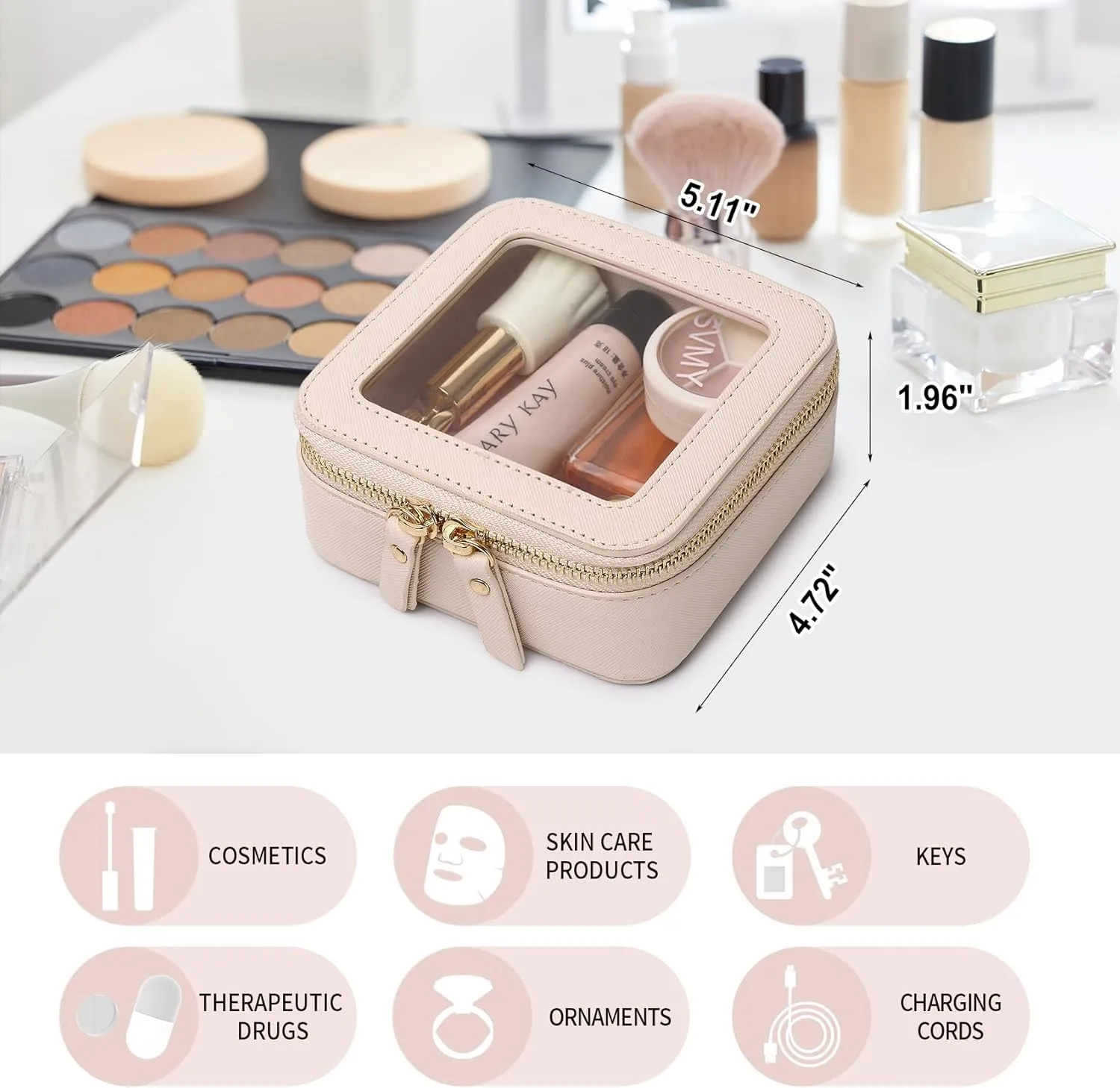 Small Clear Makeup Bag for Women Mini Cosmetic Bag Travel Toiletry Bag Purse Organizer with Zipper Car Essentials (Beige, Mini)