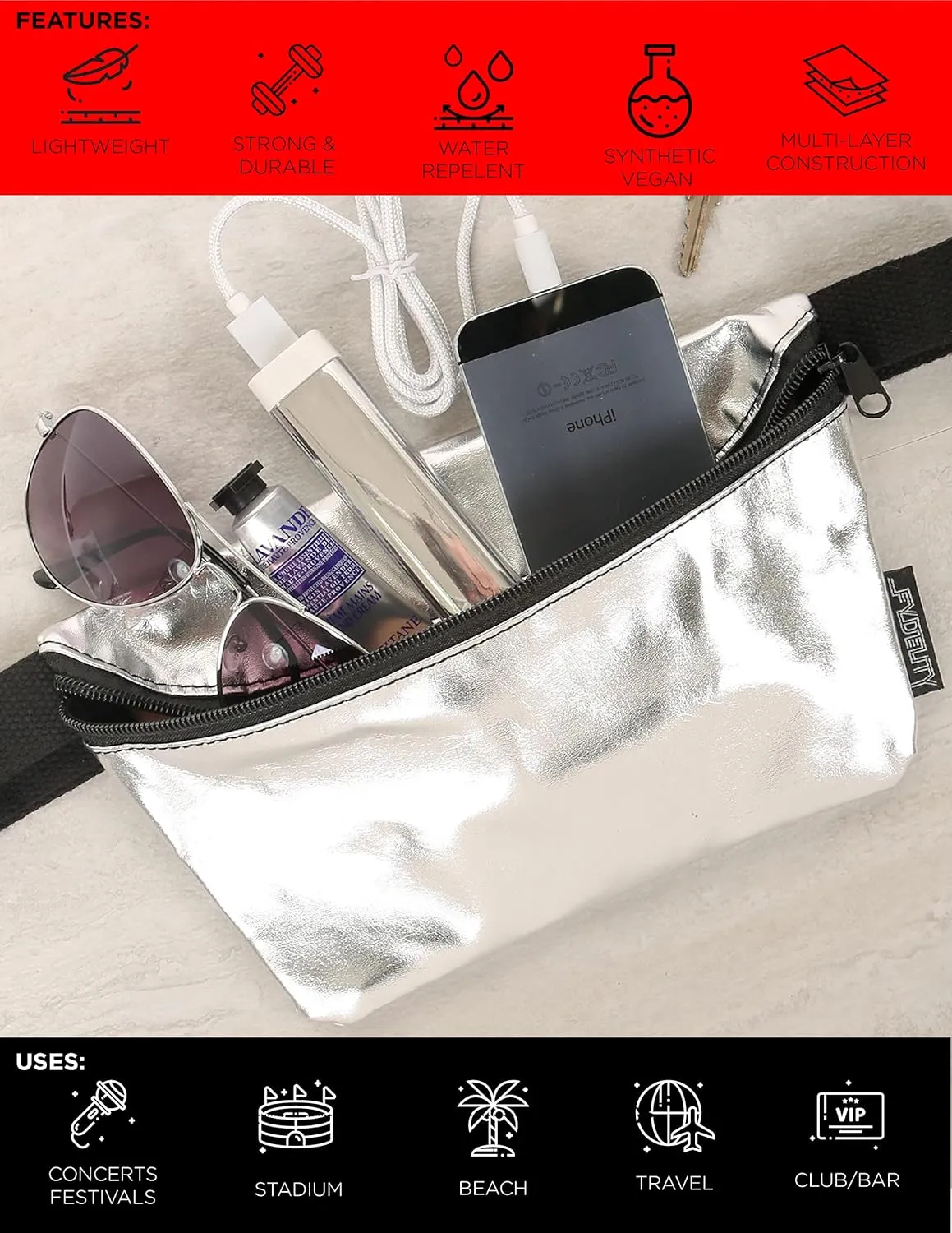 Small Fanny Packs for Women  80s/90s Slim Bum Bag  Unisex Crossbody Waist Belt Bag for Travel, Festivals, Sports & Daily Use  Waist Belt Bag for Women | Metallic Silver