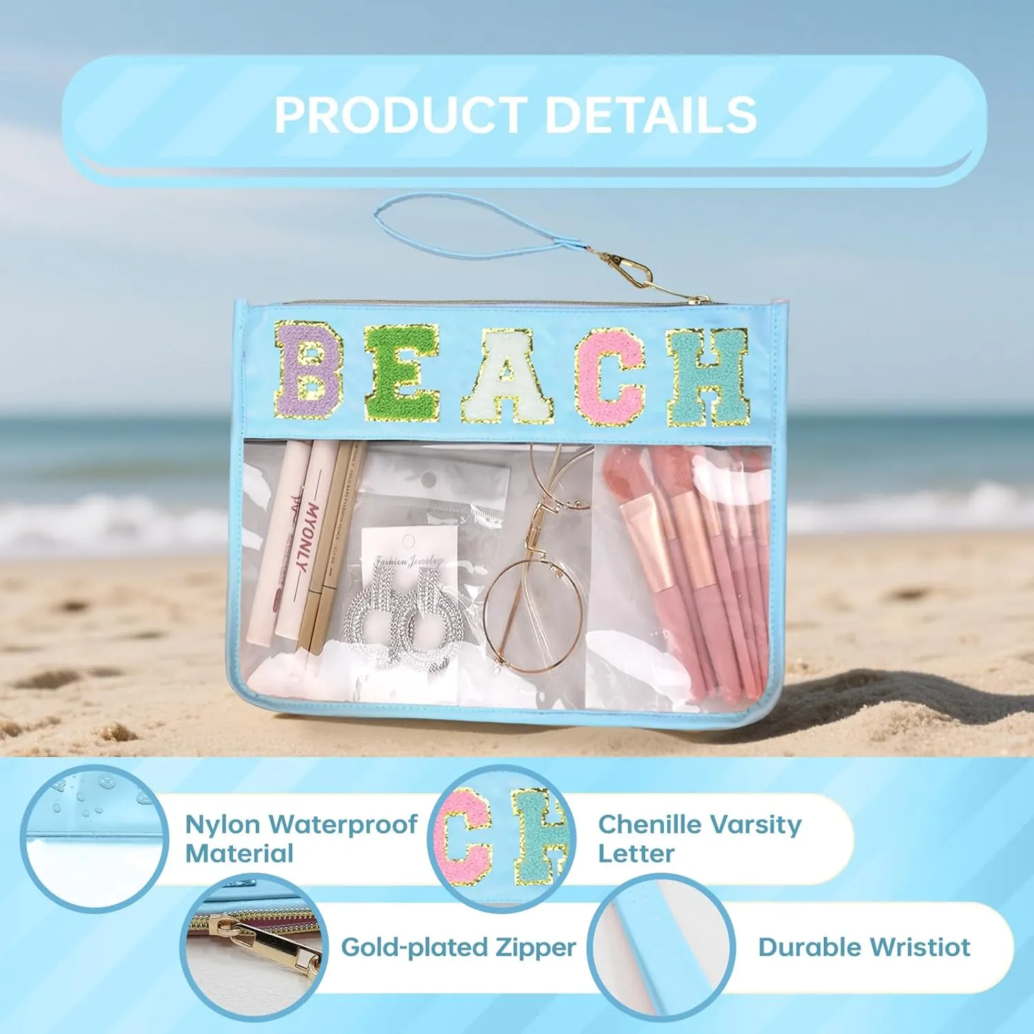 Snack Bags Pouch Travel Makeup Bag Chenille Letter Bags for Zipper Pouch Clear Cosmetic Bag Tote Bag Makeup Travel Bag for Women