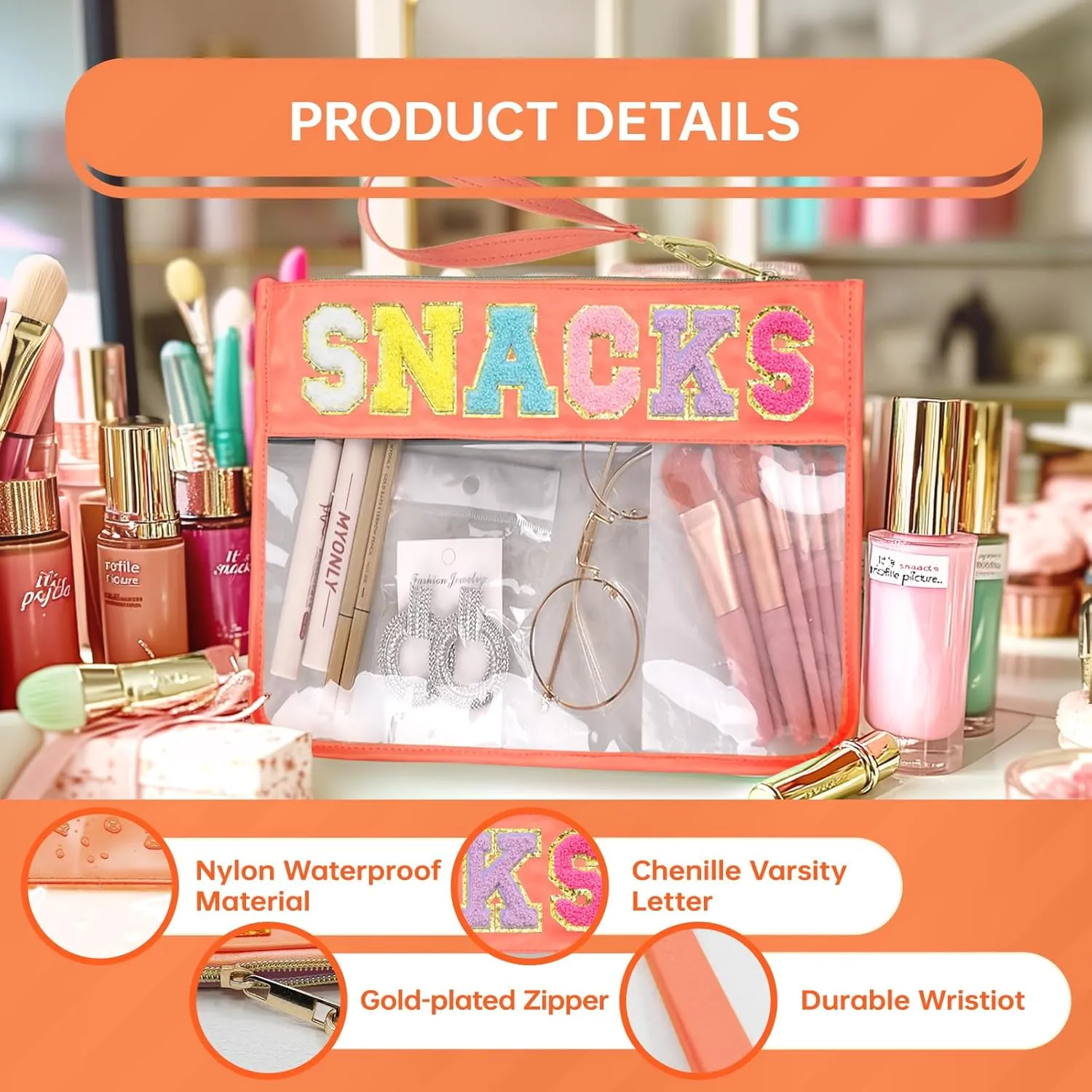Snack Bags Pouch Travel Makeup Bag Chenille Letter Bags for Zipper Pouch Clear Cosmetic Bag Tote Bag Makeup Travel Bag for Women