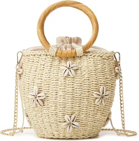 Summer Straw Bag for Women Pearl Flower Bucket Tote Bag Diamond Handbag Hand Woven Rattan Shell Purse Drawstring
