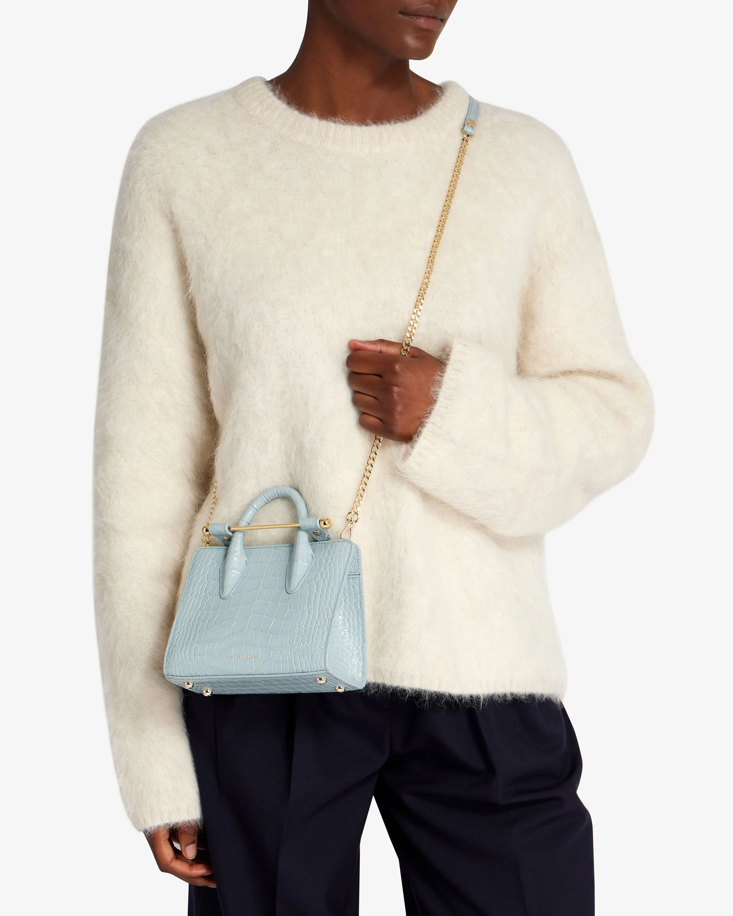 The Strathberry Nano Tote - Croc-Embossed Leather Duck Egg Blue