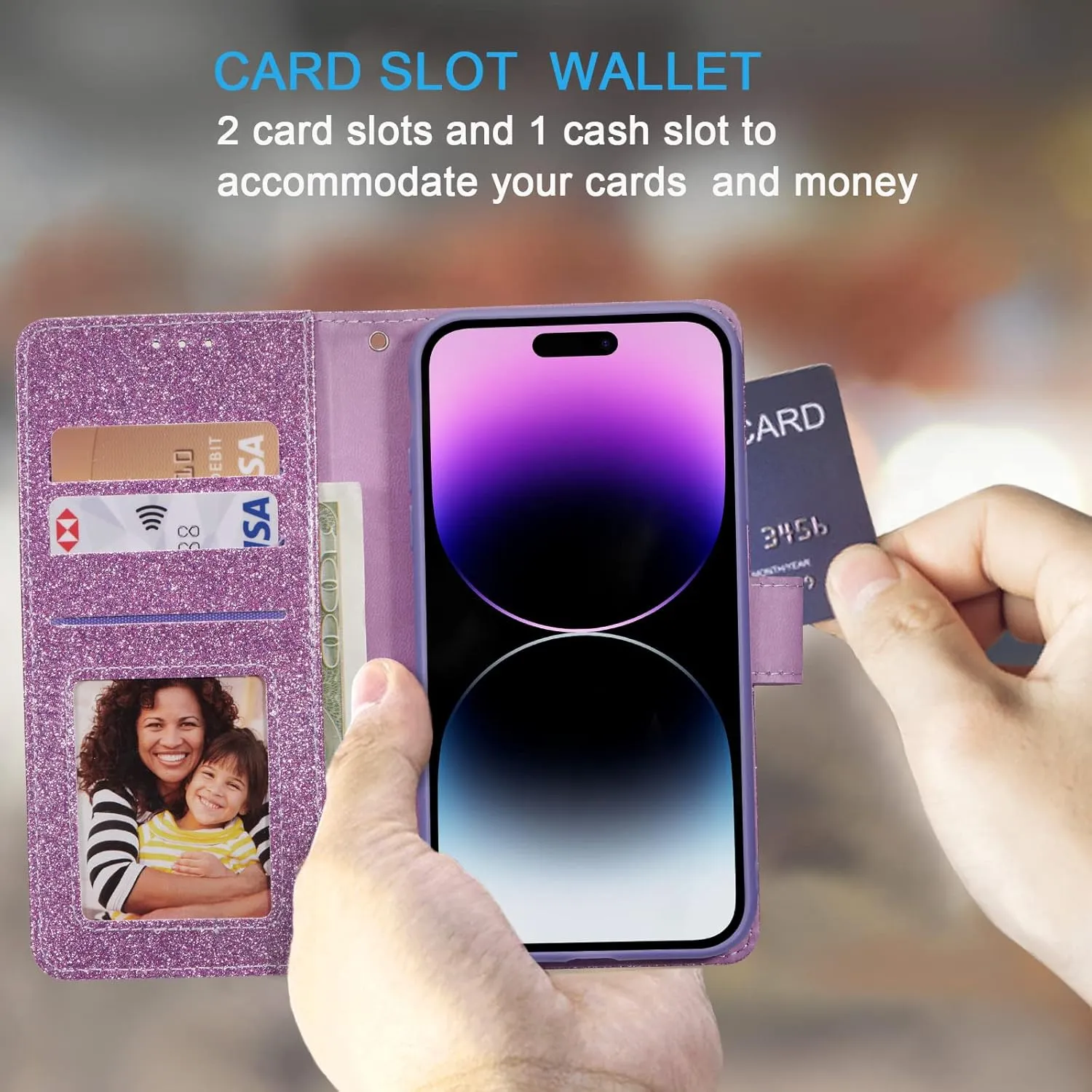 UEEBAI Wallet Case for iPhone 14 Plus 6.7 inch, Premium Glitter PU Leather Phone Case Card Slots Kickstand Case Magnetic Closure Bling Handbag Case Shockproof Hand Strap Flip Cover - Glitter Purple