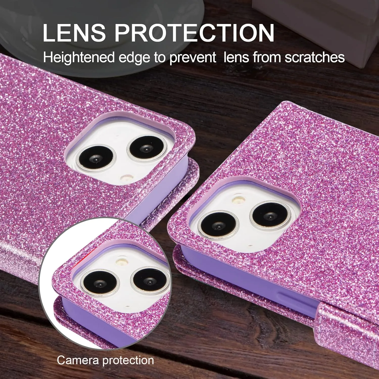 UEEBAI Wallet Case for iPhone 14 Plus 6.7 inch, Premium Glitter PU Leather Phone Case Card Slots Kickstand Case Magnetic Closure Bling Handbag Case Shockproof Hand Strap Flip Cover - Glitter Purple