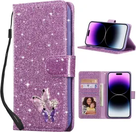 UEEBAI Wallet Case for iPhone 14 Plus 6.7 inch, Premium Glitter PU Leather Phone Case Card Slots Kickstand Case Magnetic Closure Bling Handbag Case Shockproof Hand Strap Flip Cover - Glitter Purple