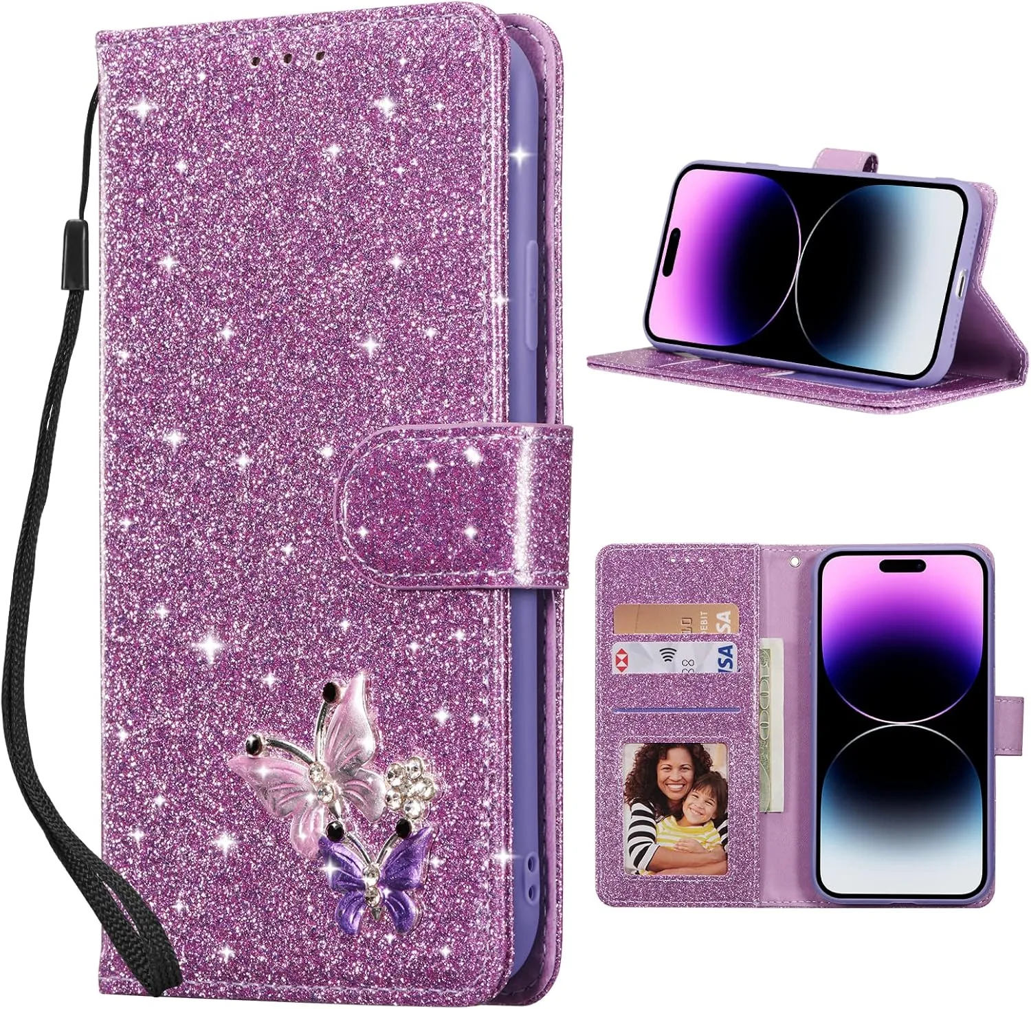UEEBAI Wallet Case for iPhone 14 Plus 6.7 inch, Premium Glitter PU Leather Phone Case Card Slots Kickstand Case Magnetic Closure Bling Handbag Case Shockproof Hand Strap Flip Cover - Glitter Purple