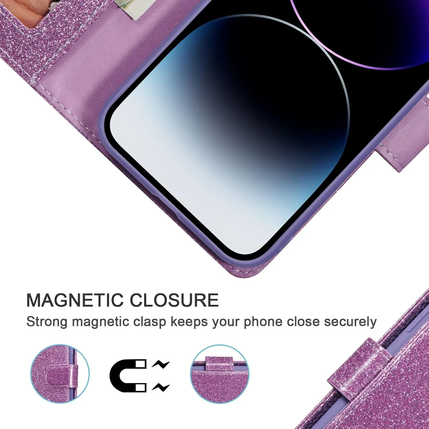 UEEBAI Wallet Case for iPhone 14 Plus 6.7 inch, Premium Glitter PU Leather Phone Case Card Slots Kickstand Case Magnetic Closure Bling Handbag Case Shockproof Hand Strap Flip Cover - Glitter Purple