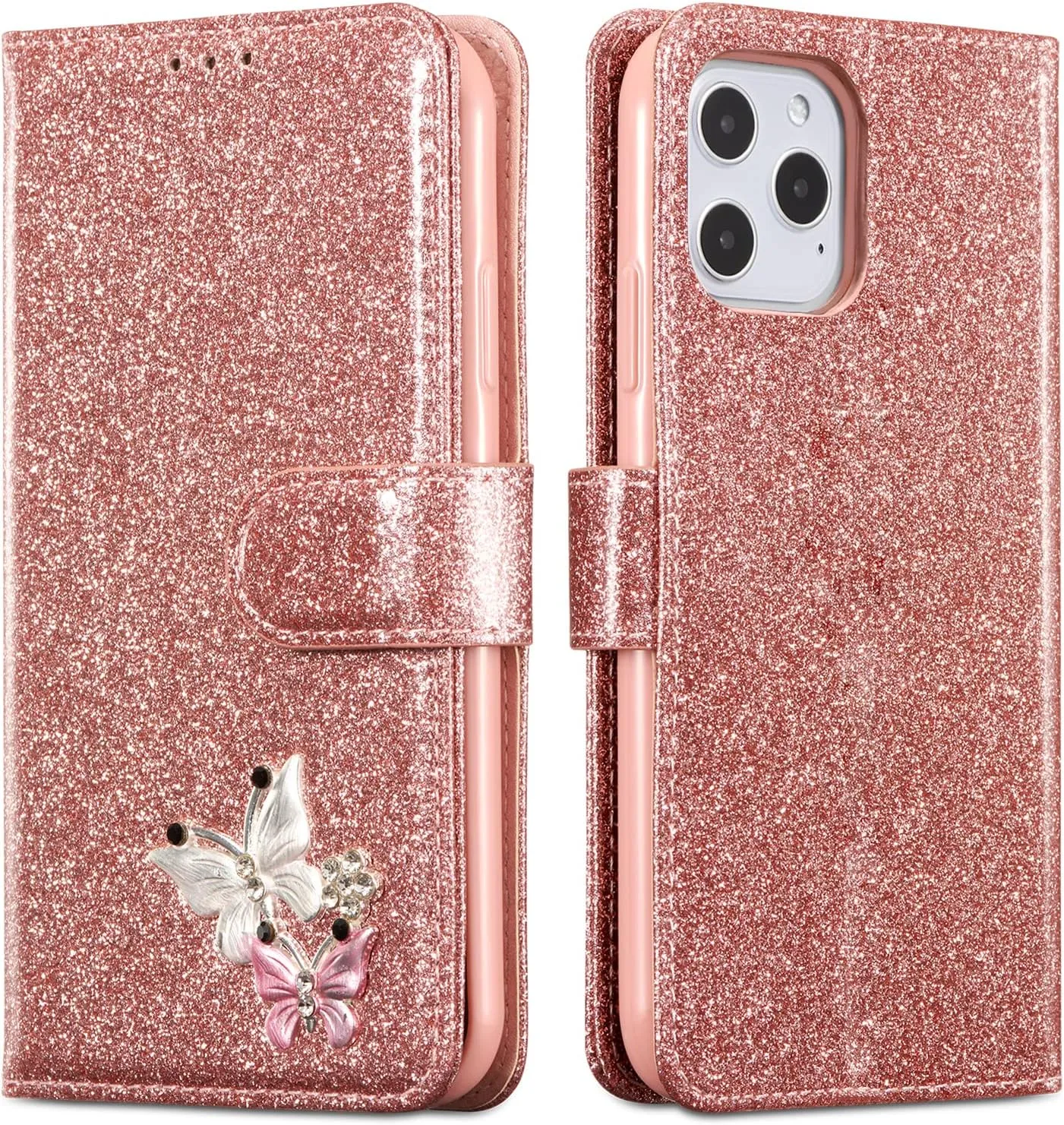 UEEBAI Wallet Case for iPhone 14 Plus 6.7 inch, Premium Glitter PU Leather Phone Case Card Slots Kickstand Case Magnetic Closure Bling Handbag Case Shockproof Hand Strap Flip Cover - Glitter Purple