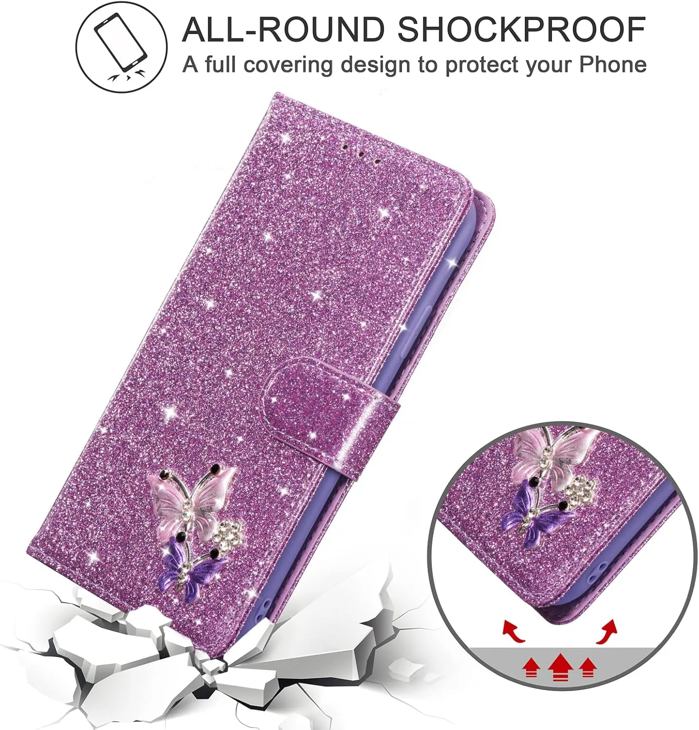 UEEBAI Wallet Case for iPhone 14 Plus 6.7 inch, Premium Glitter PU Leather Phone Case Card Slots Kickstand Case Magnetic Closure Bling Handbag Case Shockproof Hand Strap Flip Cover - Glitter Purple