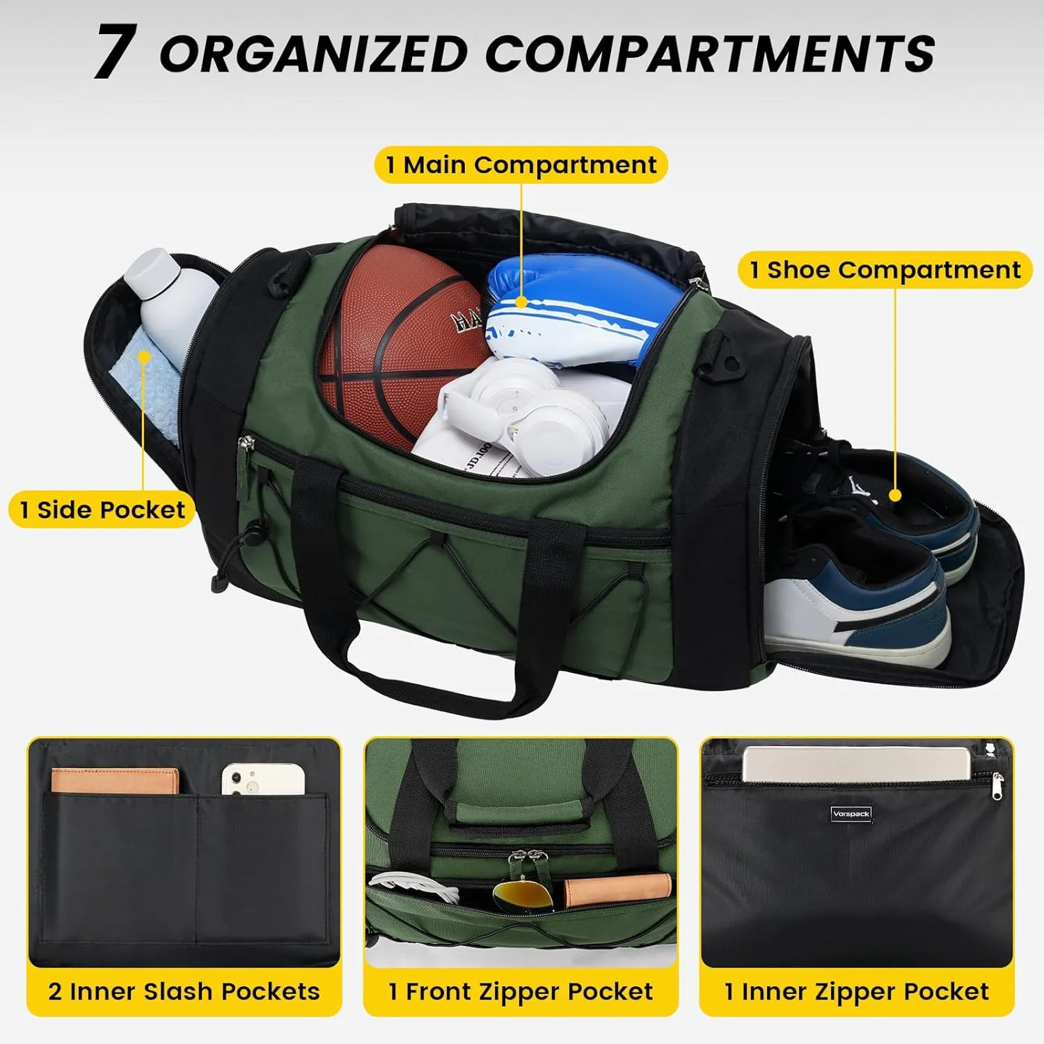 Vorspack Gym Bag for Men - 18 Inches Small Duffle Bag for Travel Lightweight Duffel Bag with Shoe Compartment Personal Item Travel Bag Weekender Bag for Travel Sports Gym - Green