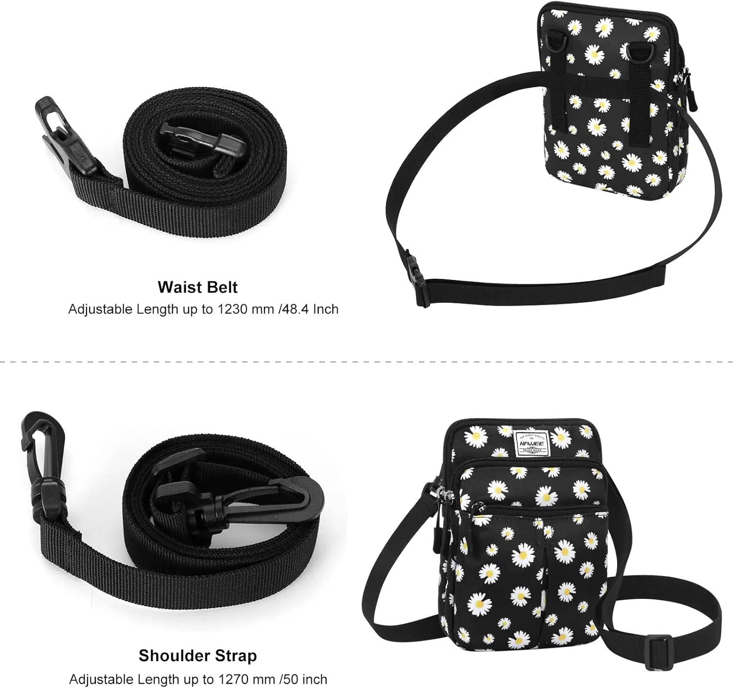 Waist Belt Bag for Women and Men Cross Body Cell Phone Purse Adjustable Shoulder Strap Travel Hip Pouch Multifunctional Fashion Fanny Packs Water Repellent, Daisy
