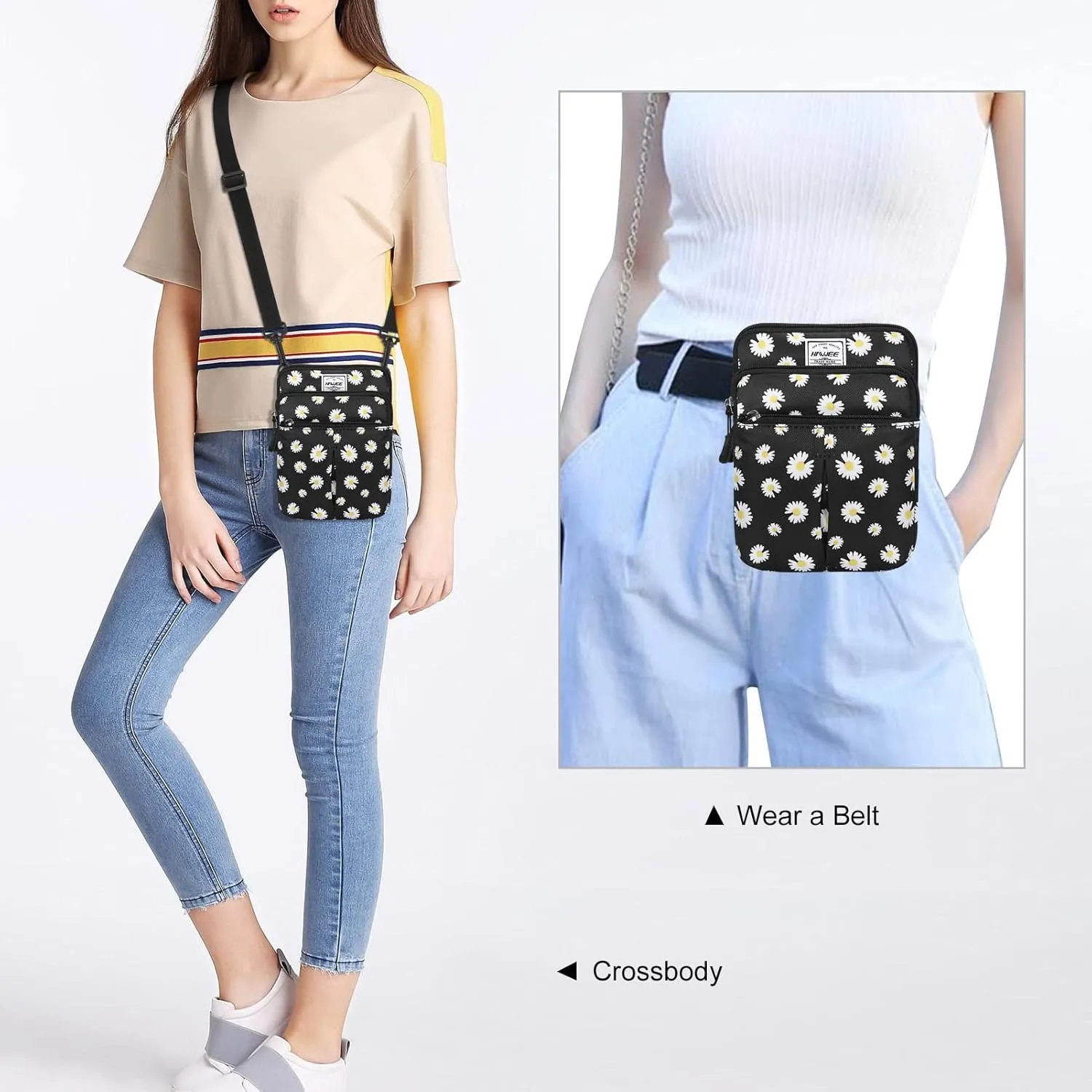 Waist Belt Bag for Women and Men Cross Body Cell Phone Purse Adjustable Shoulder Strap Travel Hip Pouch Multifunctional Fashion Fanny Packs Water Repellent, Daisy