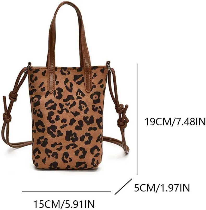 Women Suede Crossbody Bag Leopard Print Handbag Adjustable Strap Bucket Bag Trendy Clutch Purse for Work Travel