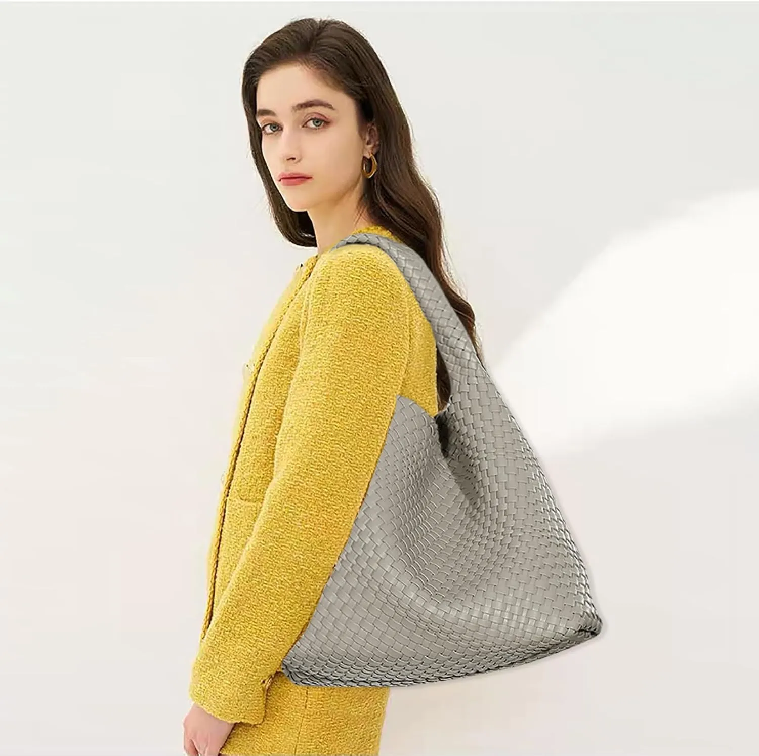 Women Vegan Leather Hand-Woven Tote Handbag Fashion Shoulder Top-handle Bag All-Match Underarm Bag with Purse
