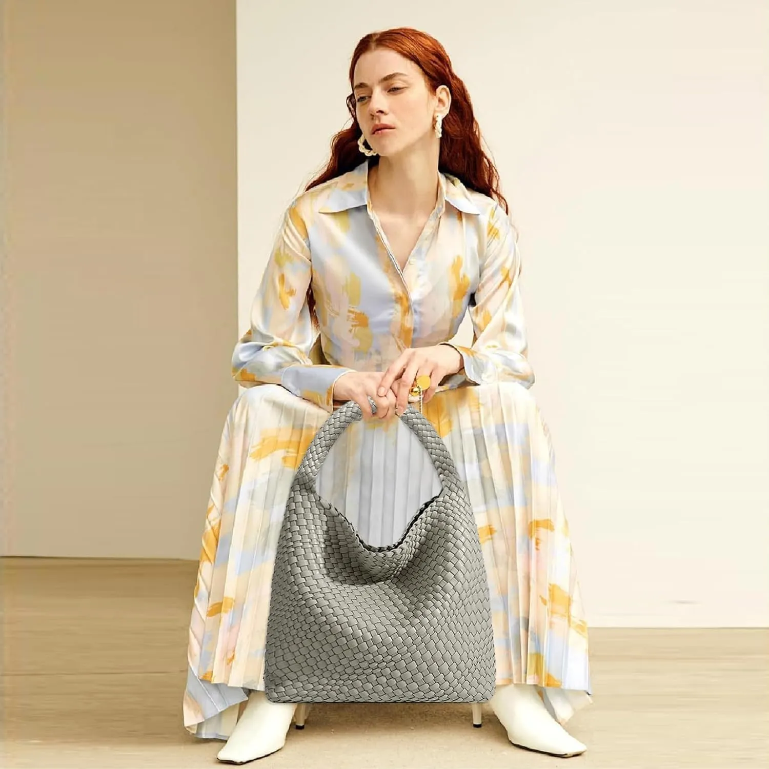 Women Vegan Leather Hand-Woven Tote Handbag Fashion Shoulder Top-handle Bag All-Match Underarm Bag with Purse