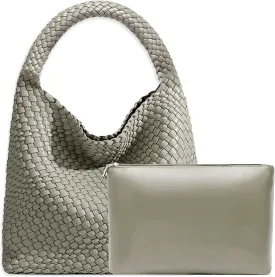 Women Vegan Leather Hand-Woven Tote Handbag Fashion Shoulder Top-handle Bag All-Match Underarm Bag with Purse