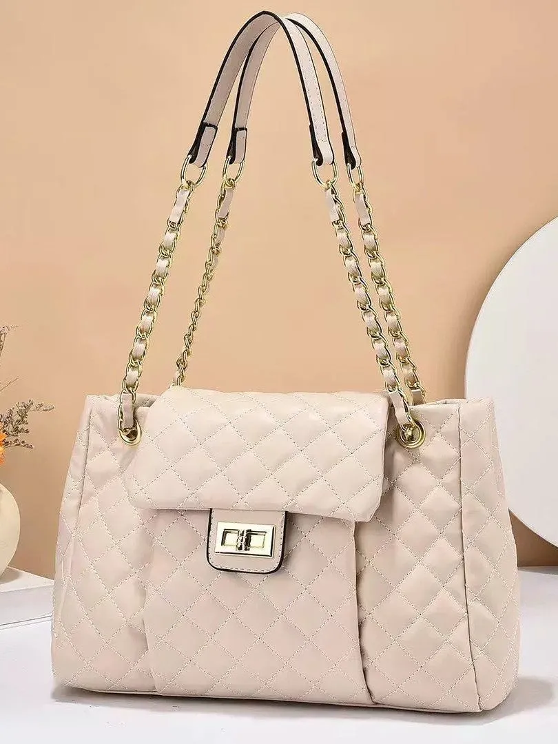 Women's Solid Color Simple Embroidery Thread Rhombus Large Capacity Chain Shoulder Messenger Bag