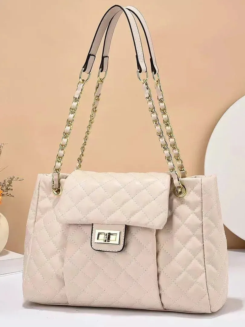 Women's Solid Color Simple Embroidery Thread Rhombus Large Capacity Chain Shoulder Messenger Bag